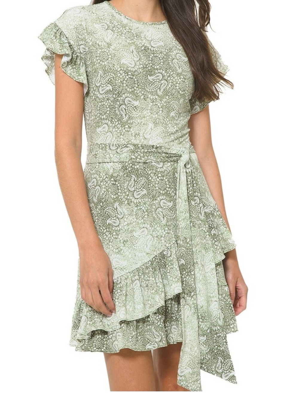 MICHAEL Michael Kors Light Green Paisley Ruffle Tie-Waist Mini Dress